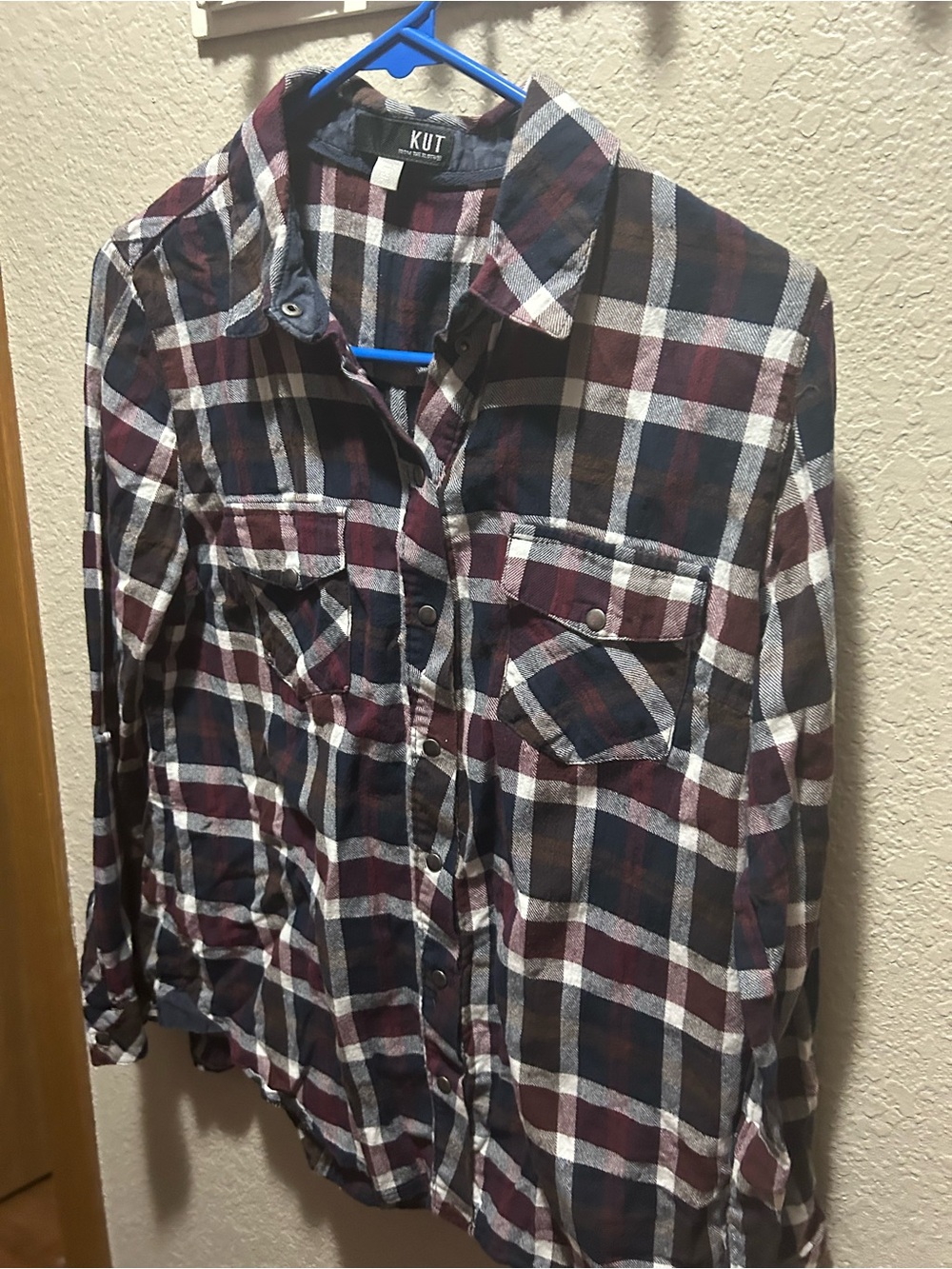 Kut from the Kloth Burgundy Navy White Plaid Button-Down Shirt
